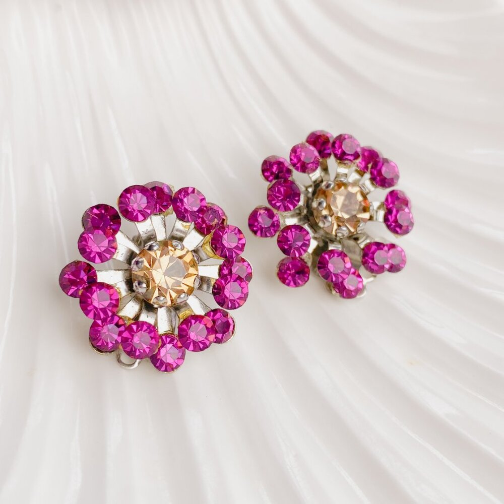 Vintage Magenta Fuchsia Pink Rhinestone Jewel Flower Burst Silver Clip Earrings
